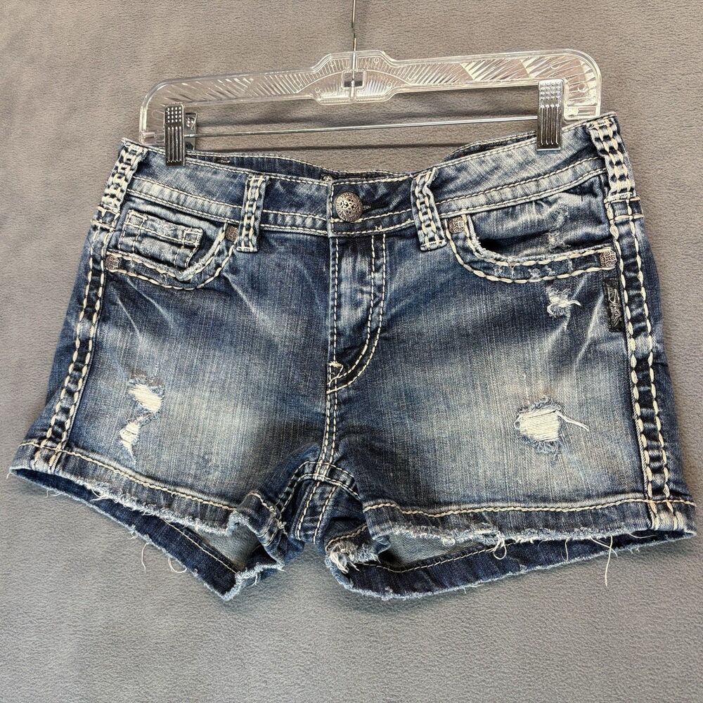 Silver Jeans Aiko Mid Short Size 31 Blue Distressed Denim Cutoff Shorts Stretch - Picture 2 of 12